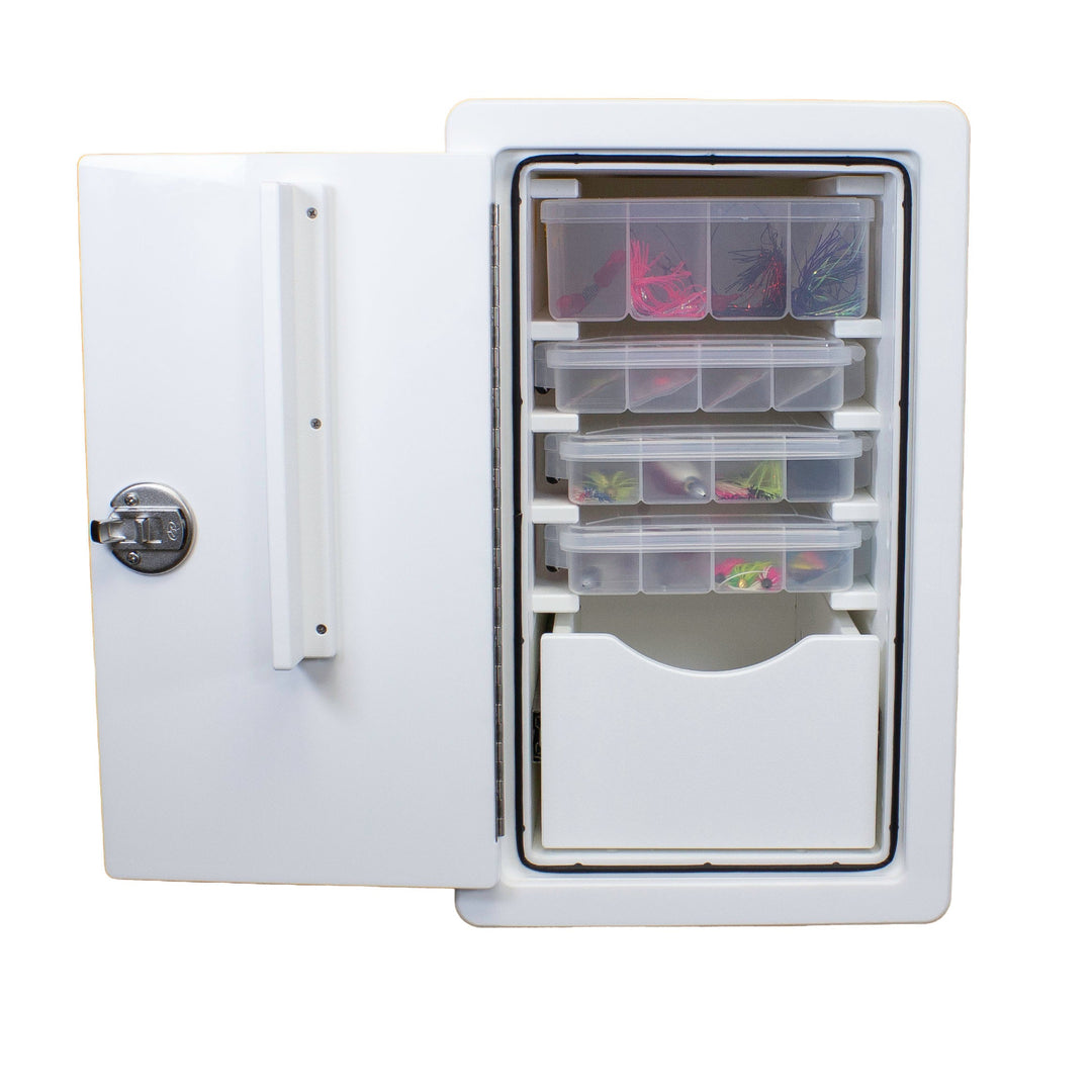 A vertical tackle storage box with a white King Starboard exterior and multiple Plano tackle boxes inside, designed for left opening.