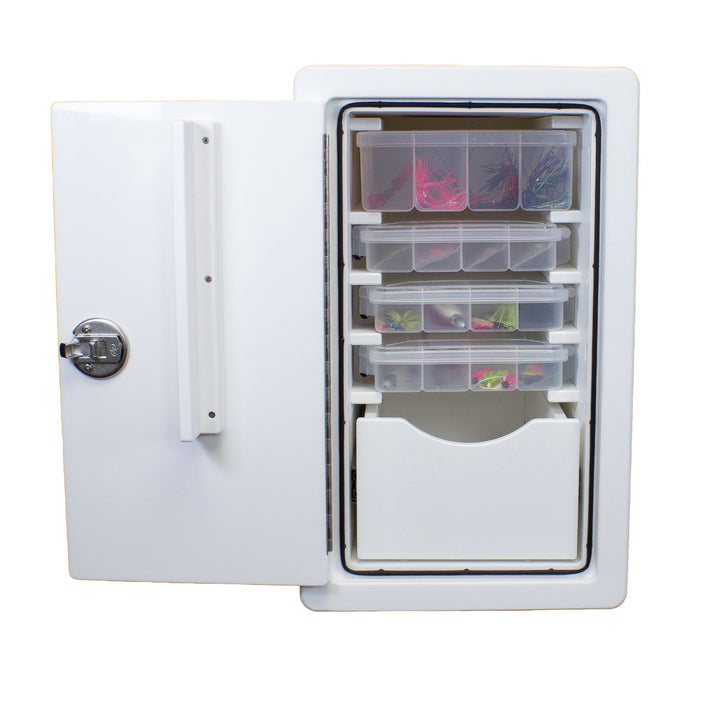 A vertical tackle storage box with a white King Starboard exterior and multiple Plano tackle boxes inside, designed for left opening.