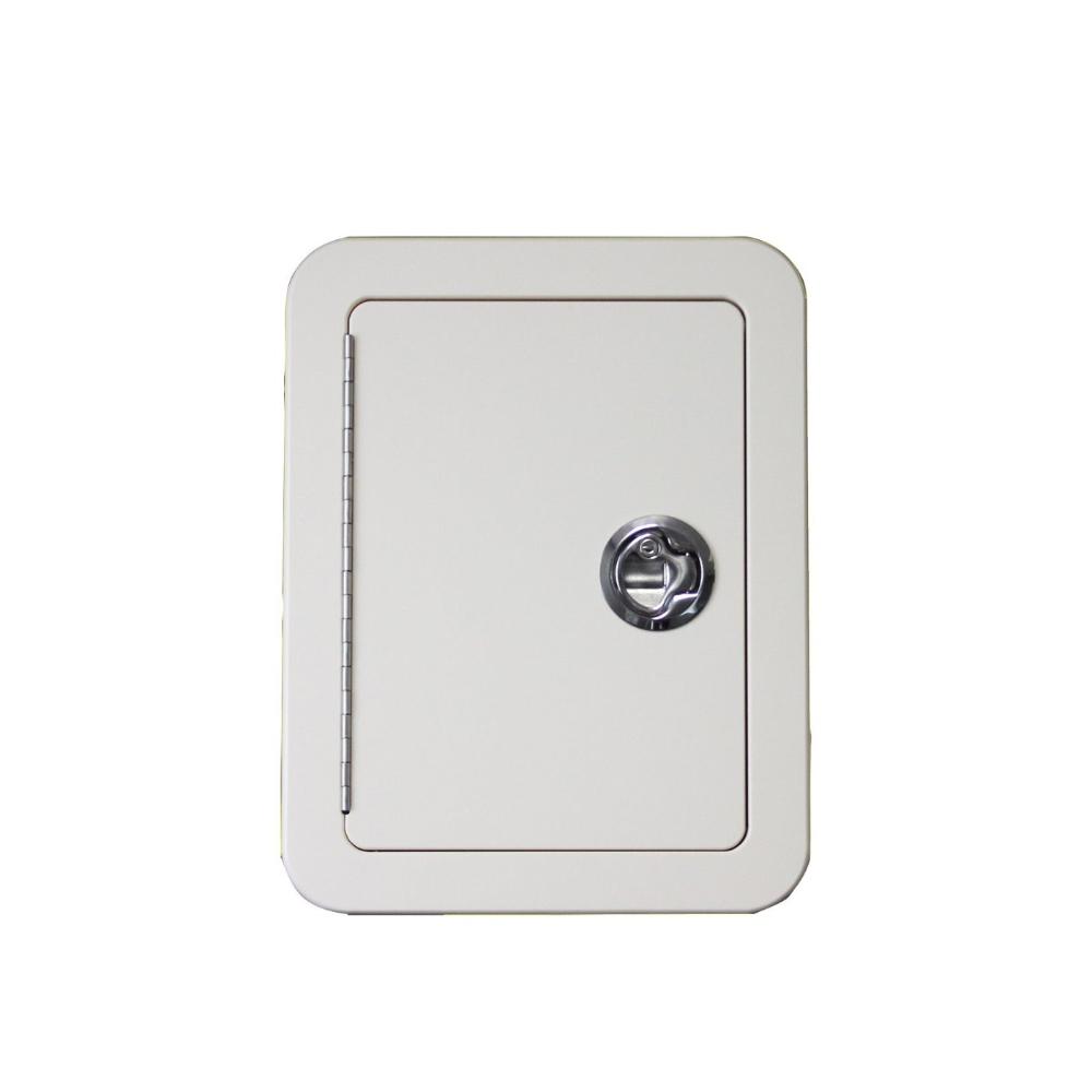 Custom size boat door. Starboard plastic color options: white, arctic white, black or seafoam. Stainless Steel, black or white flush slam latch.