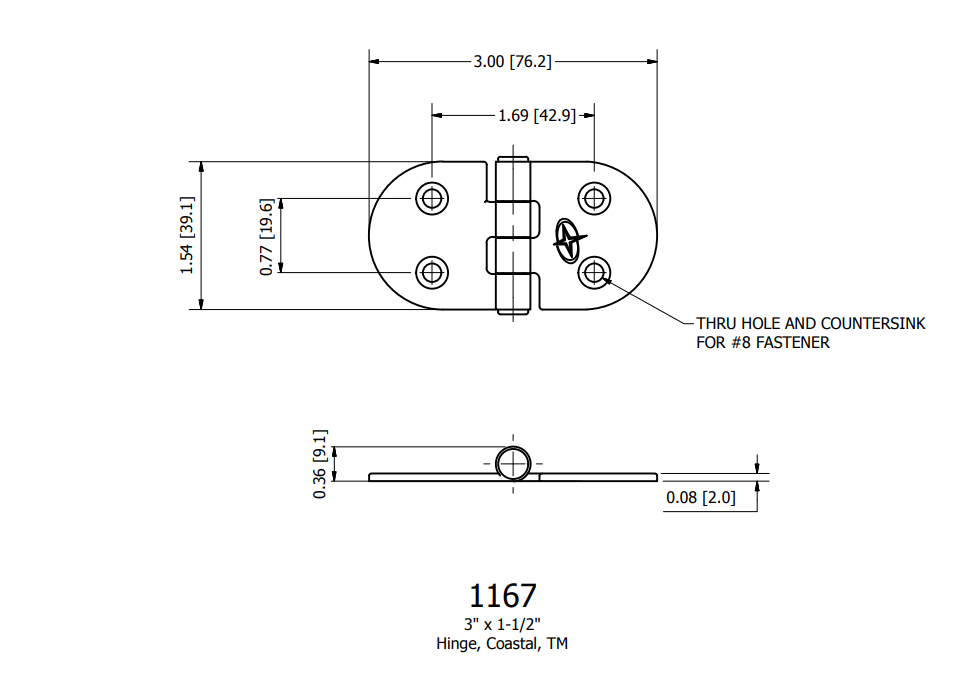 Stainless Steel Hinge, 3"x1-1/2"